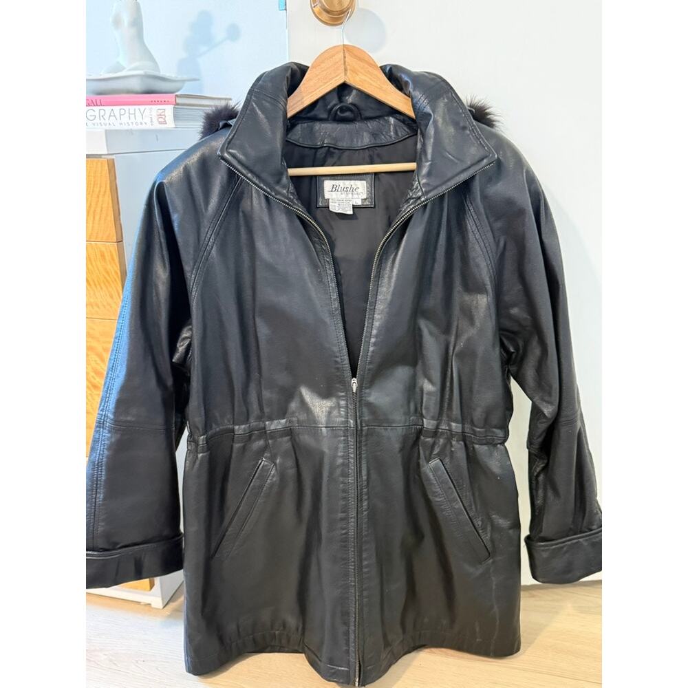 Blush by Spiegel Black Leather Coat w/ Fur Trim Hood L 🖤